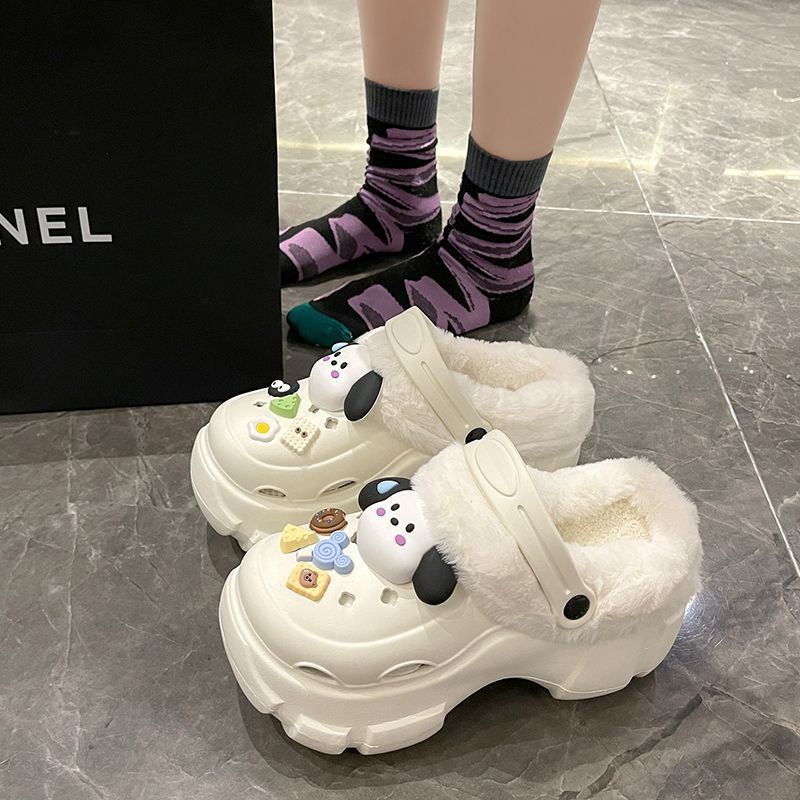 eva踩屎感厚底增高可拆卸外穿洞洞棉拖鞋女冬加絨保暖防水月子鞋