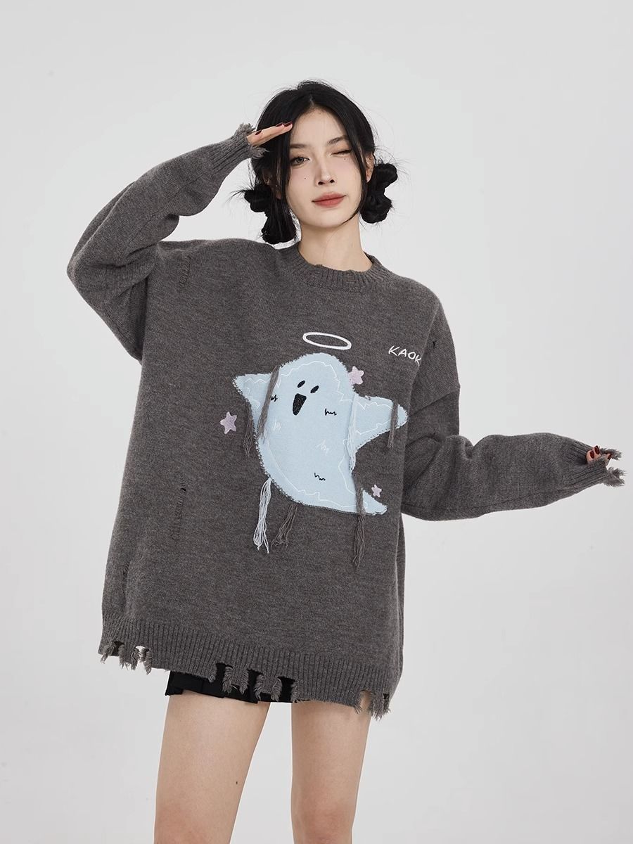 日系甜辣毛衣女春秋冬寬鬆慵懶風小幽靈不規則小眾高級感外套上衣