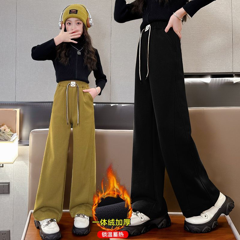 女童闊腿褲秋冬外穿2023新款洋氣大童冬天時尚一體絨兒童加絨褲子