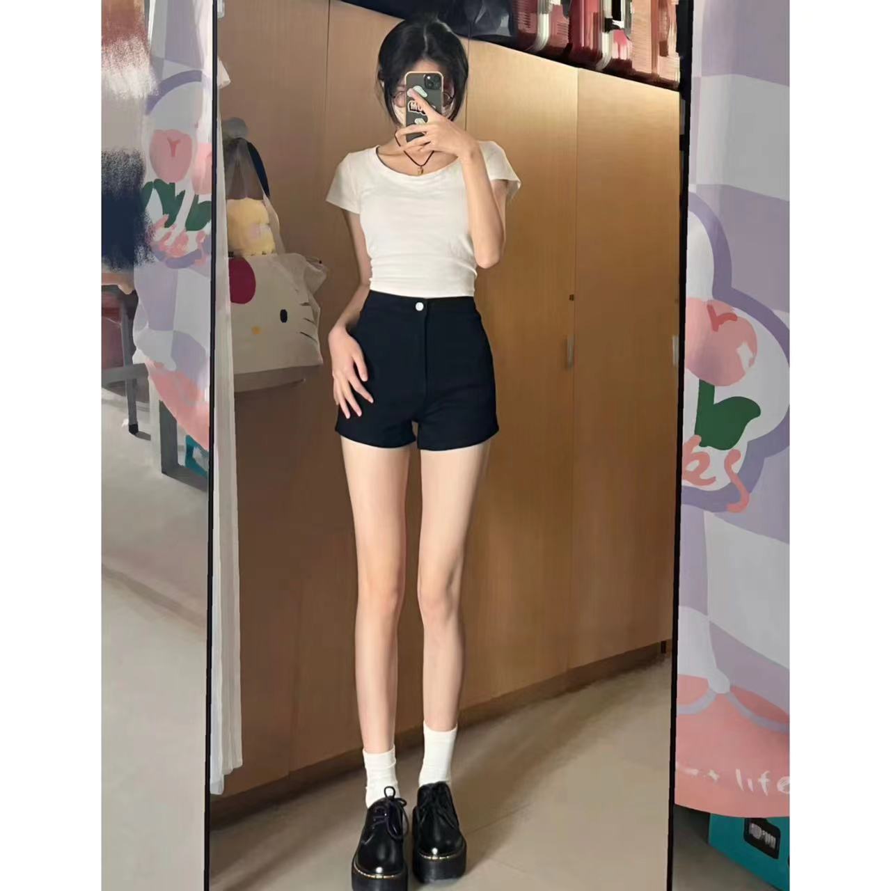 黑色直筒牛仔短褲女韓版水洗包臀顯瘦彈力美式辣妹百搭簡約跳舞潮