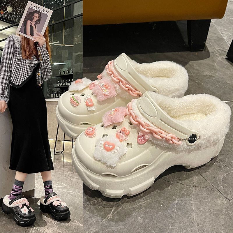 可愛ins洞洞鞋女加絨外穿2023秋冬新款可拆卸厚底增高網紅包頭保