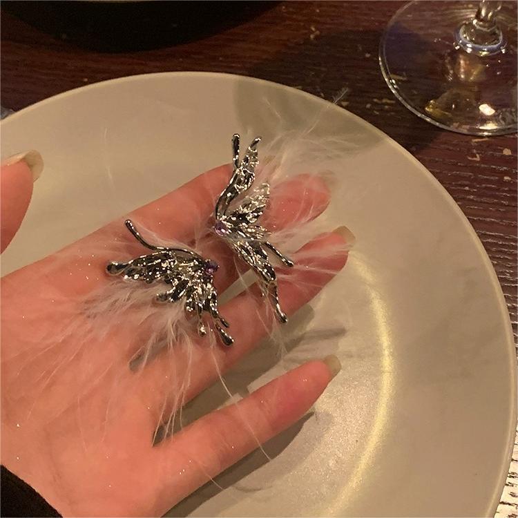 超仙森系蝴蝶羽毛耳環女2023新款甜美白色耳釘精靈獨特設計耳飾品