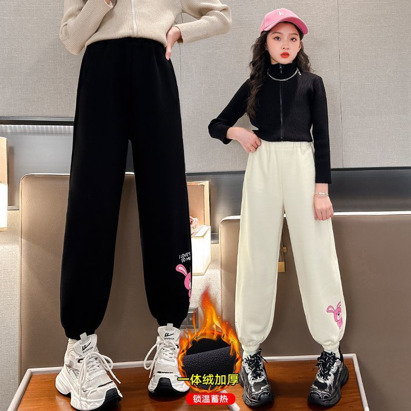 女童加絨褲子秋冬2023新款外穿洋氣中大童時尚冬季衛褲兒童運動褲