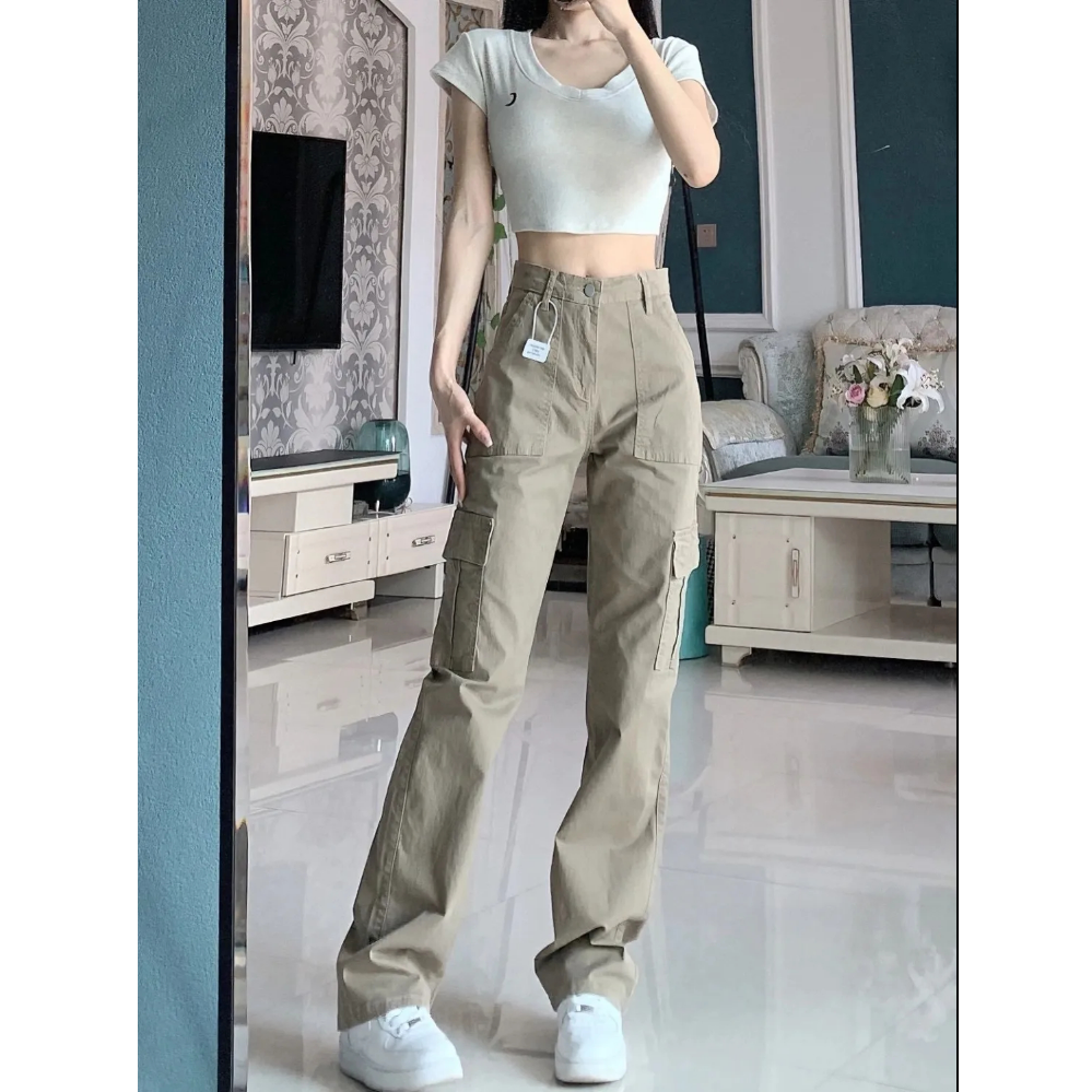 卡其色工裝褲女2023年秋季新款小眾設計感褲子直筒顯瘦窄版闊腿褲