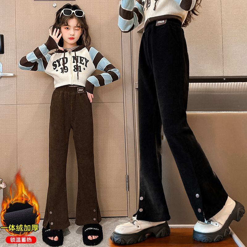 女童加絨褲子秋冬外穿洋氣女大童冬天一體絨加厚休閒褲兒童喇叭褲