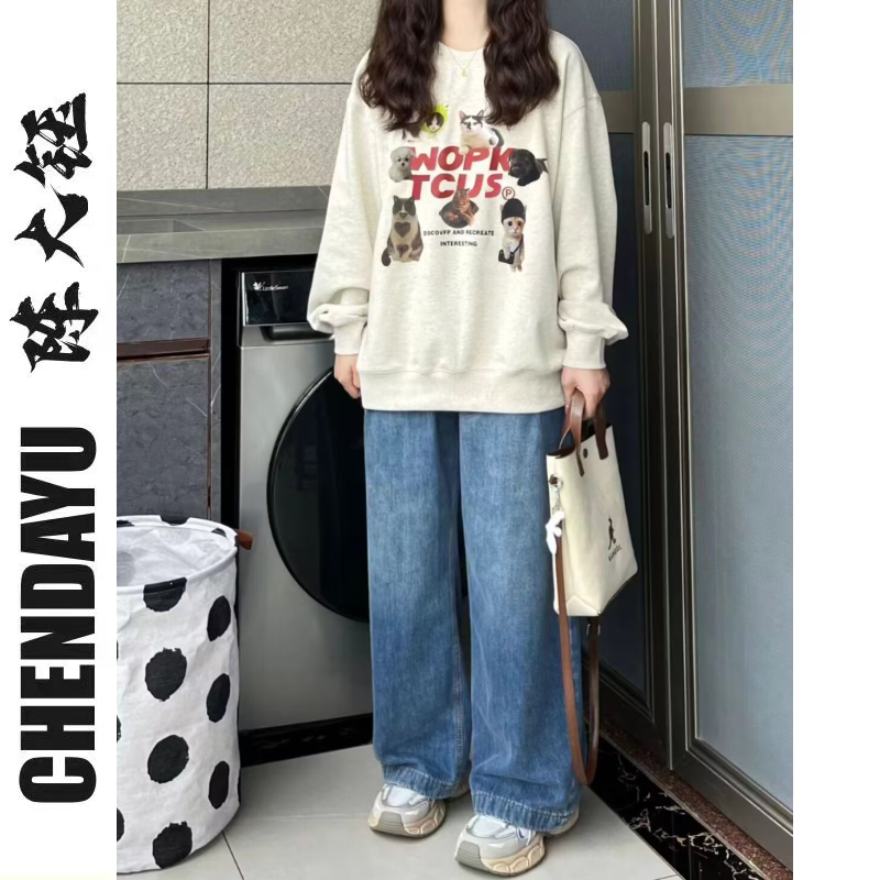 白灰色圓領無帽衛衣oversize衛衣加絨女冬季2023新款爆款春秋上衣