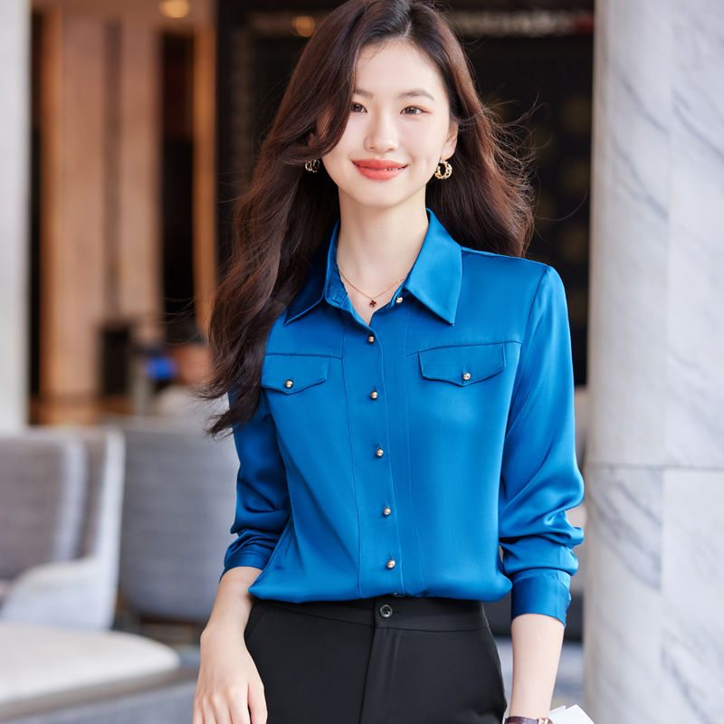 藍色長袖襯衫女春秋2023新款職業氣質上衣時尚洋氣小個子雪紡襯衣