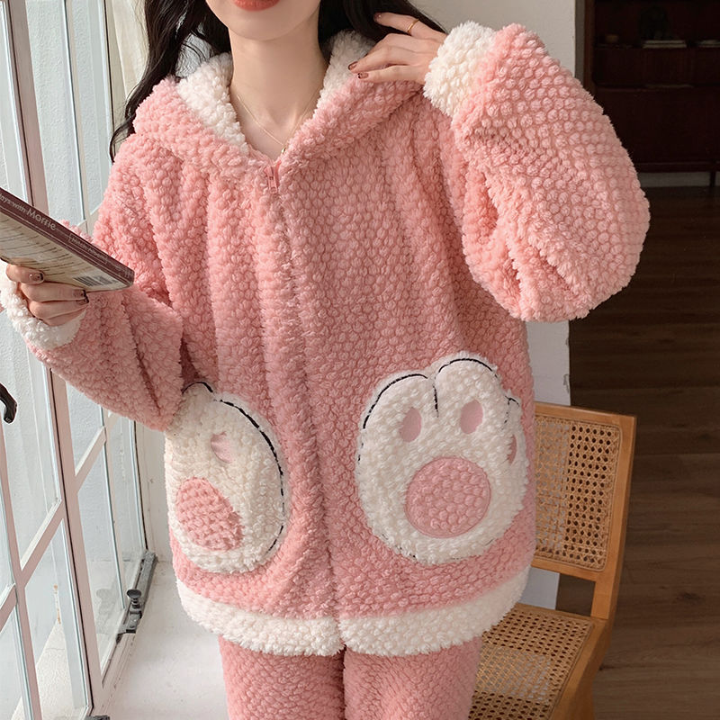 可愛少女珊瑚絨睡衣女冬季2023新款ins甜美貓爪連帽家居服兩件套