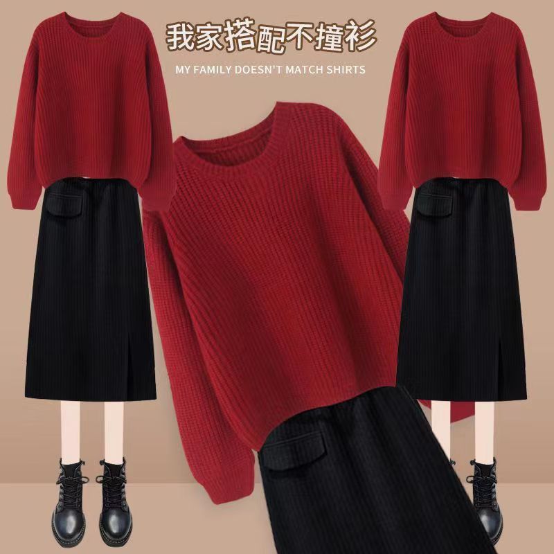 大碼紅色毛衣女裝秋冬季復古紅毛衣女2023新款減齡寬鬆套頭顯瘦女