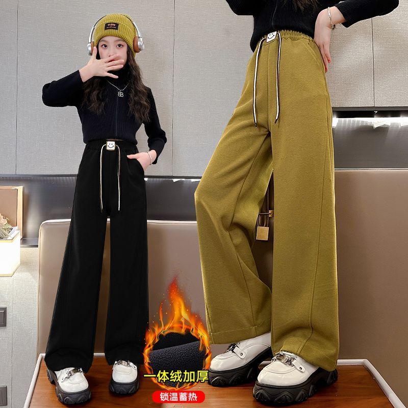 女童加絨褲子秋冬款外穿一體絨加厚小學生冬季寬鬆衛褲兒童闊腿褲