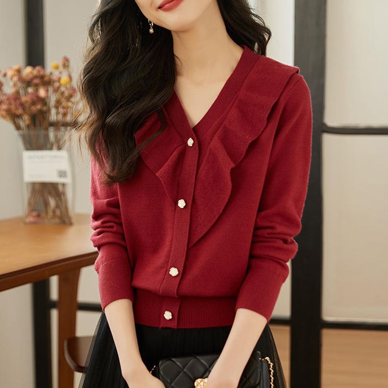 本命年紅色毛衣女秋冬2023新款荷葉邊v領長袖打底針織衫高檔上衣