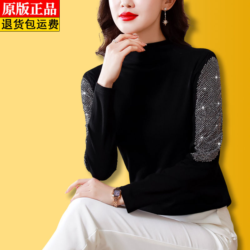 高檔重工燙鑽針織彈力打底衫女春秋款時尚半高領女士修身顯瘦上衣