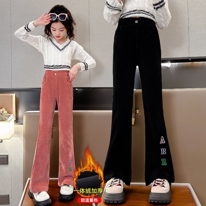 女童褲子秋冬外穿2023新款女孩加絨加厚一體絨冬天長褲兒童喇叭褲