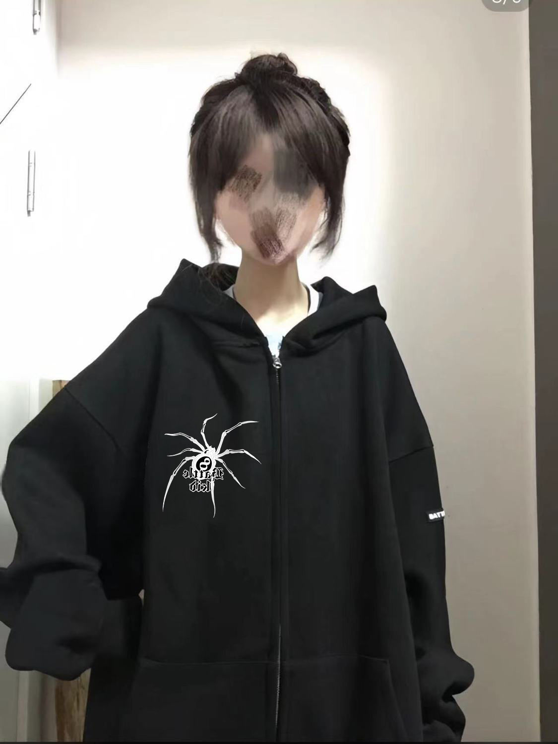 100%純棉黑色開衫拉鏈連帽衛衣外套美式高街蜘蛛印花寬鬆上衣女潮