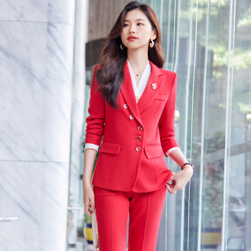 Red small blazer women's 2023 new two-piece professional temperament beauty salon work clothes formal suit