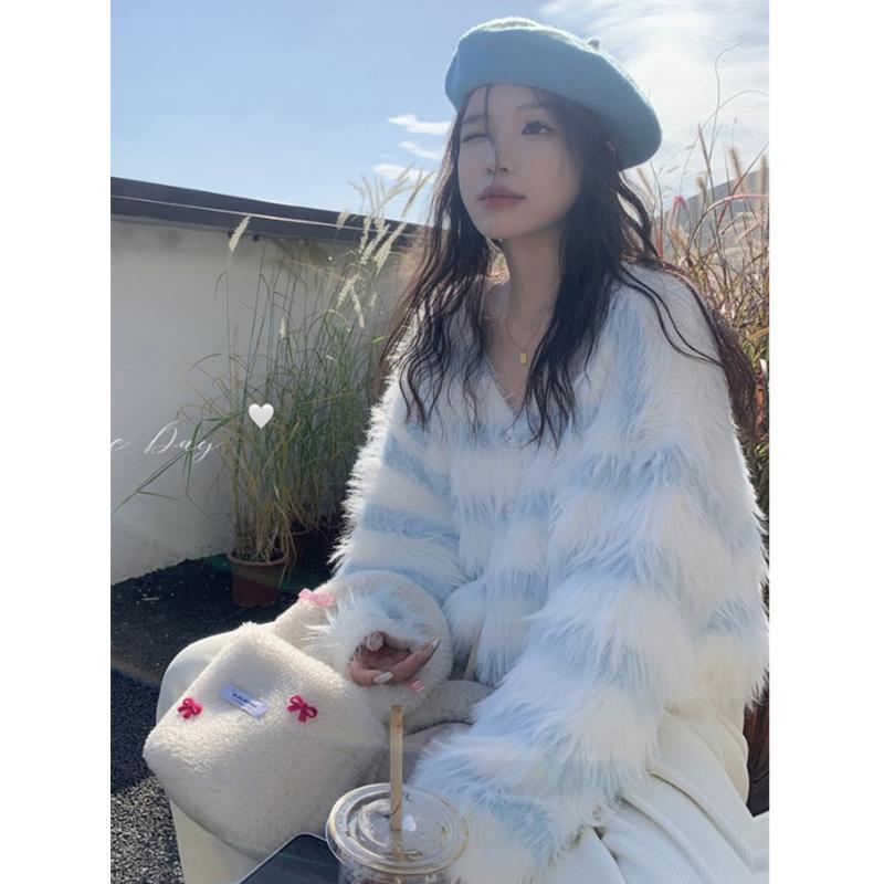 XJ家溫柔軟糯水貂毛絨v領毛衣女加厚冬季慵懶風短款開衫外套潮