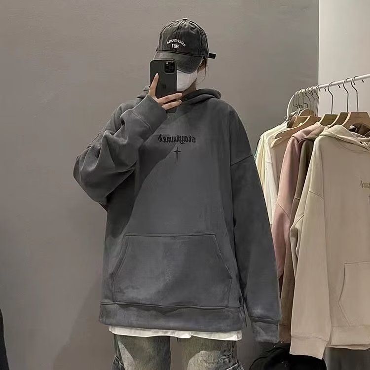 重磅麂皮絨連帽衛衣ins男女新款春秋季外穿oversize加厚連帽外套