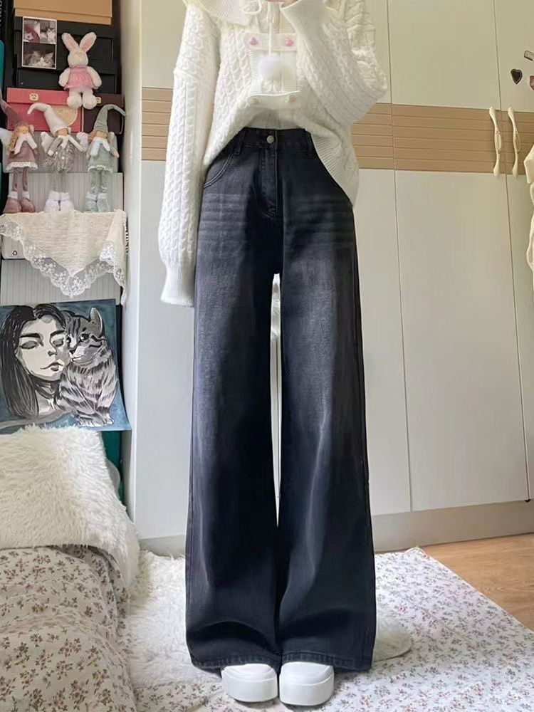 復古黑灰色闊腿牛仔褲女秋季小個子直筒顯瘦寬鬆百搭垂感長褲子潮