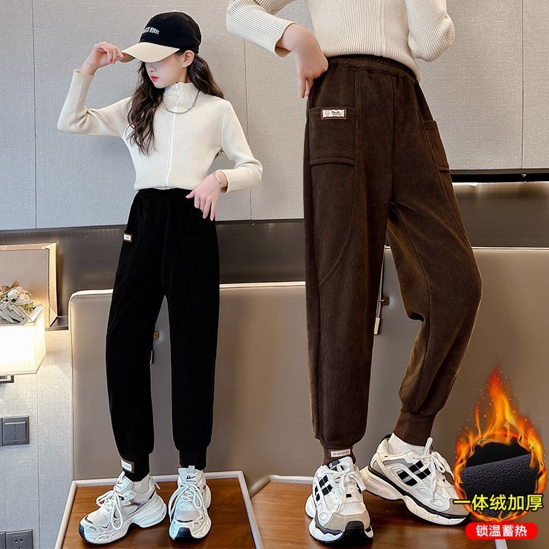 女童加絨褲子秋冬外穿洋氣女孩時尚外穿休閒一體絨加厚兒童束腳褲
