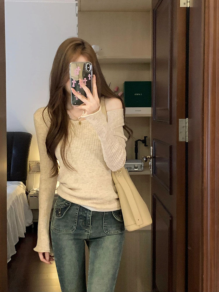 設計杏色假兩件針織衫女秋季打底衫長袖掛脖修身顯瘦氣質小眾上衣
