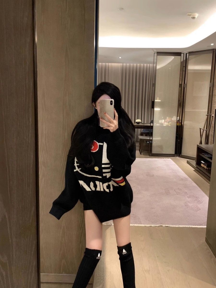 XJ家秋冬季寬鬆慵懶風卡通貓咪提花毛衣圓領日系加厚針織衫上