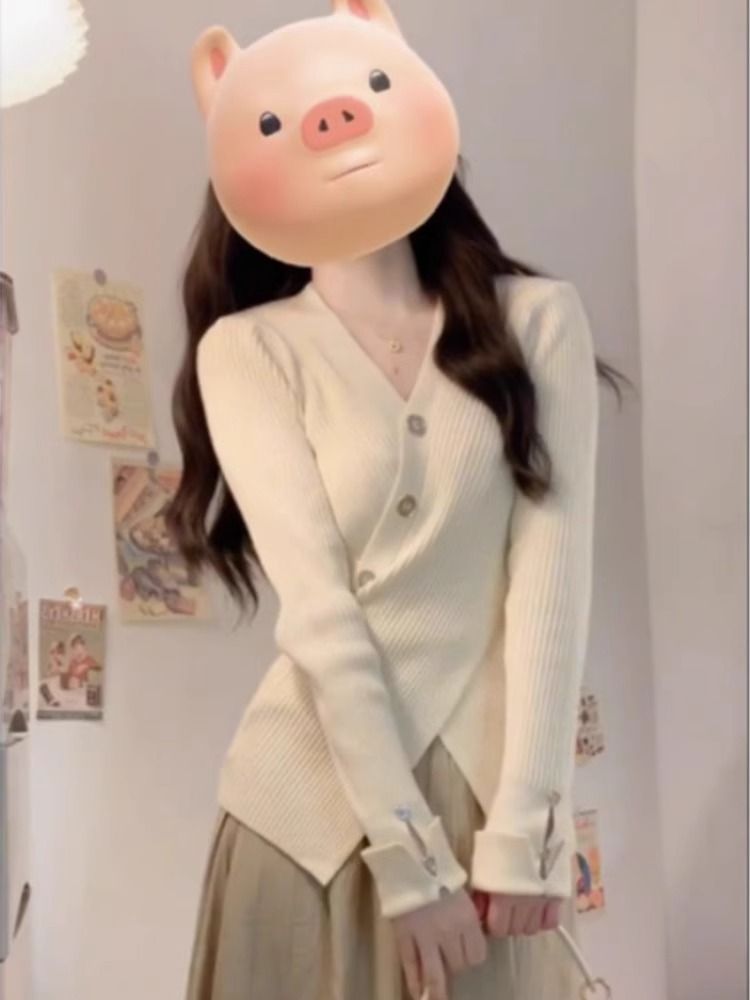不規則V領毛衣開叉長袖針織衫女秋季內搭打底衫設計感小眾潮上衣