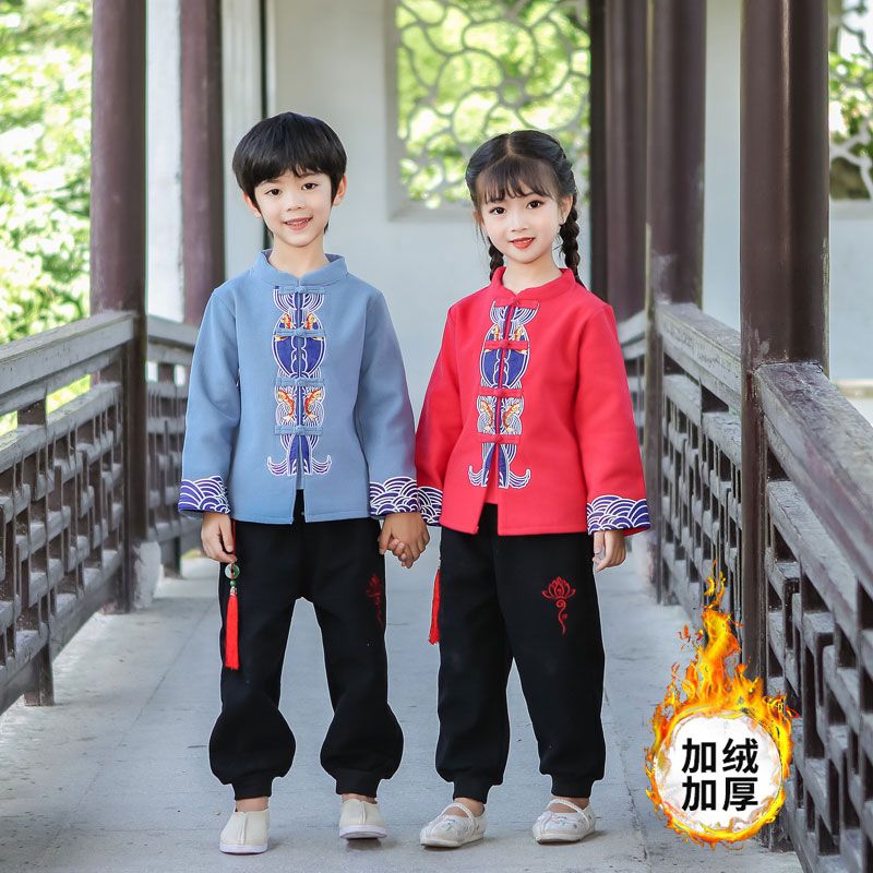 男童漢服兒童抓周套裝加絨加厚女童唐裝中國風春秋周歲演出禮服冬