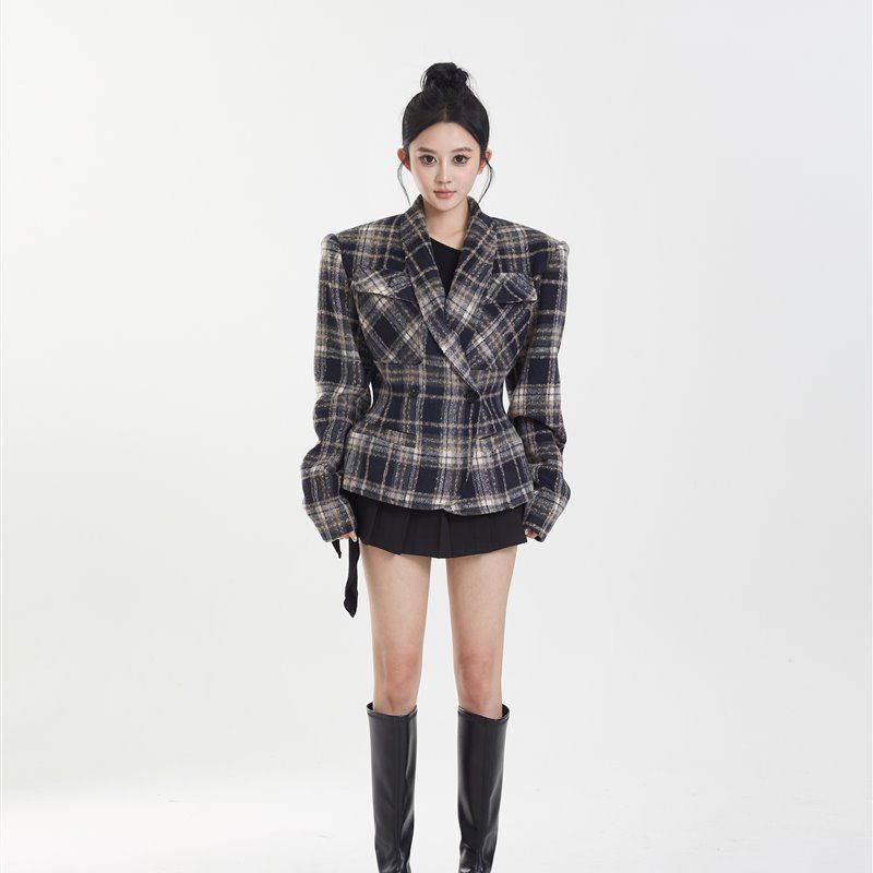 美式復古設計感格子呢西服上衣女秋冬小眾高級雙排扣短款毛呢外套