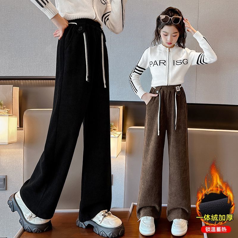 女童加絨褲子一體絨秋冬裝外穿2023新款兒童女大童冬季加厚闊腿褲