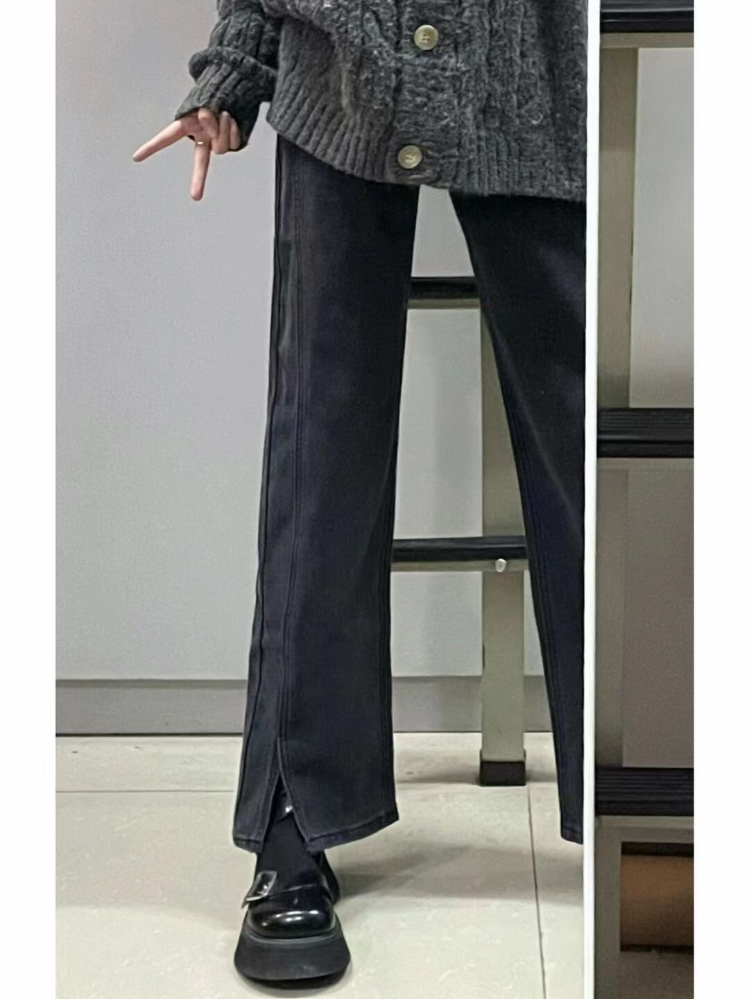 微喇叭開叉牛仔褲女秋季小個子高腰復古寬鬆闊腿顯瘦直筒褲潮ins