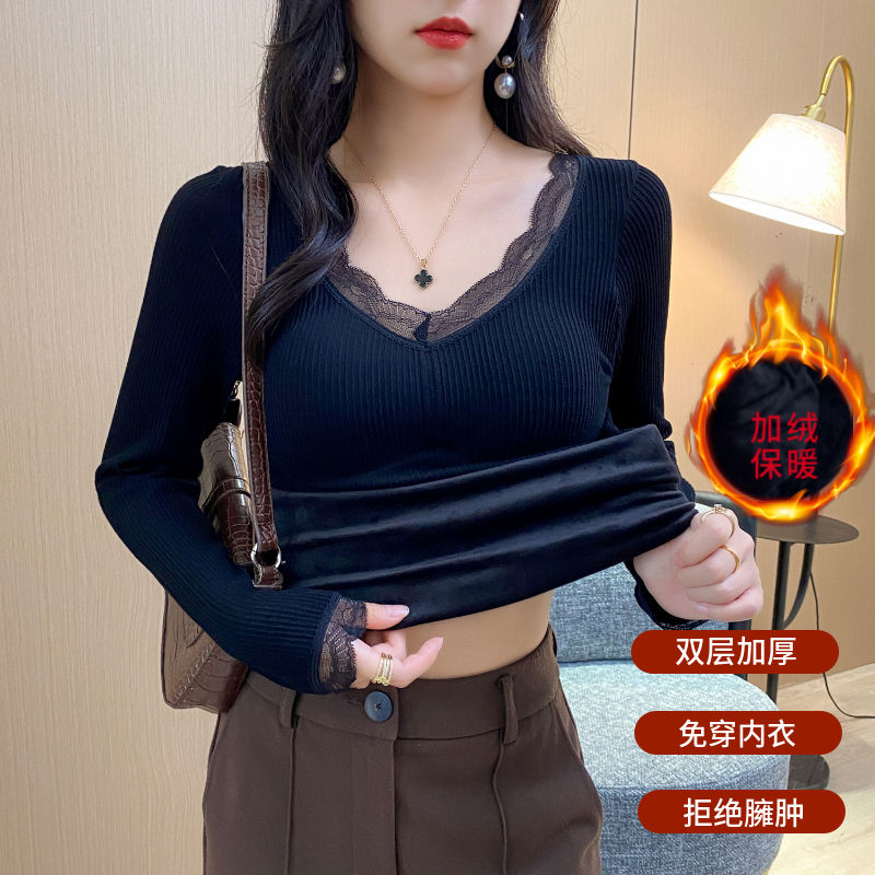 發熱保暖上衣女秋冬加絨加厚帶胸墊內衣長袖打底衫上衣百搭外穿