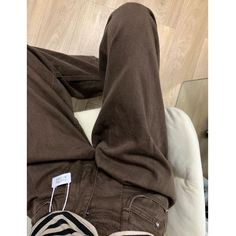 美式復古褶皺直筒牛仔褲女小個子高腰顯瘦垂感寬鬆闊腿拖地長褲潮