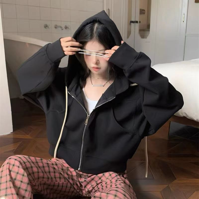 American Retro Hot Girl Solid Color Hooded Sweatshirt Women's Spring and Autumn Thin Hong Kong Style Korean Style Versatile Short Jacket Fashionable