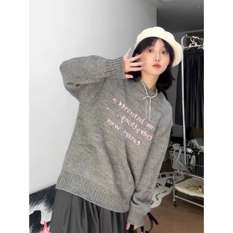 日系復古灰色提花毛衣針織衫女裝秋冬新款軟糯簡約慵懶風寬鬆外搭