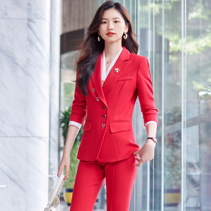 Red small blazer women's 2023 new two-piece professional temperament beauty salon work clothes formal suit