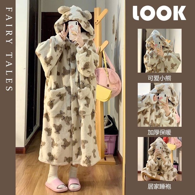 卡通小熊連帽珊瑚絨睡袍女冬季2023年新款加絨加厚睡衣家居服套裝