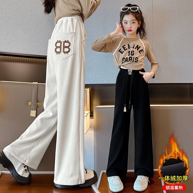 女童加絨褲子秋冬外穿一體絨加厚休閒時尚冬季大童長褲兒童闊腿褲