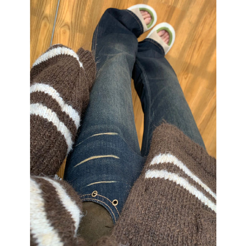 美式復古做舊拼接微喇叭牛仔褲女秋季小個子辣妹高腰顯瘦直筒長褲
