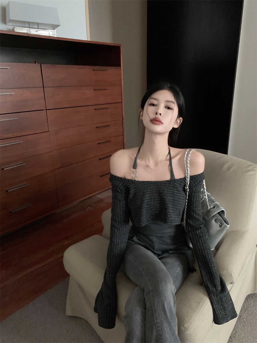 美拉德修身一字肩設計感長袖打底衫t恤掛脖內搭秋季女新款上衣