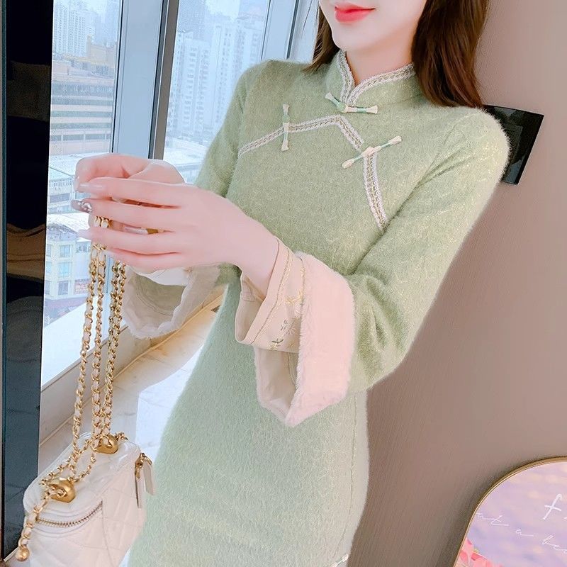 新中式改良旗袍女2023年秋冬季加厚加絨高端氣質年輕款少女連衣裙