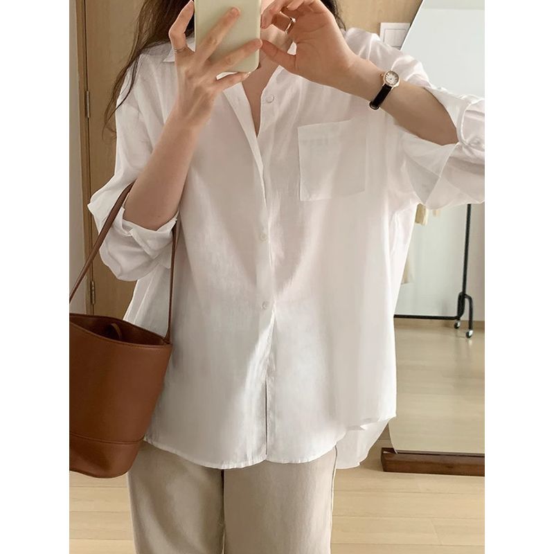 白色襯衫女春秋季寬鬆polo領百搭通勤打底長袖氣質慵懶風韓系上衣