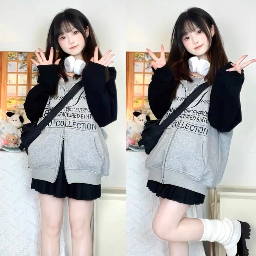 Double-open zipper hooded sweatshirt for women in autumn and winter new style Korean style personalized high street letter print stitching sun protection jacket trendy