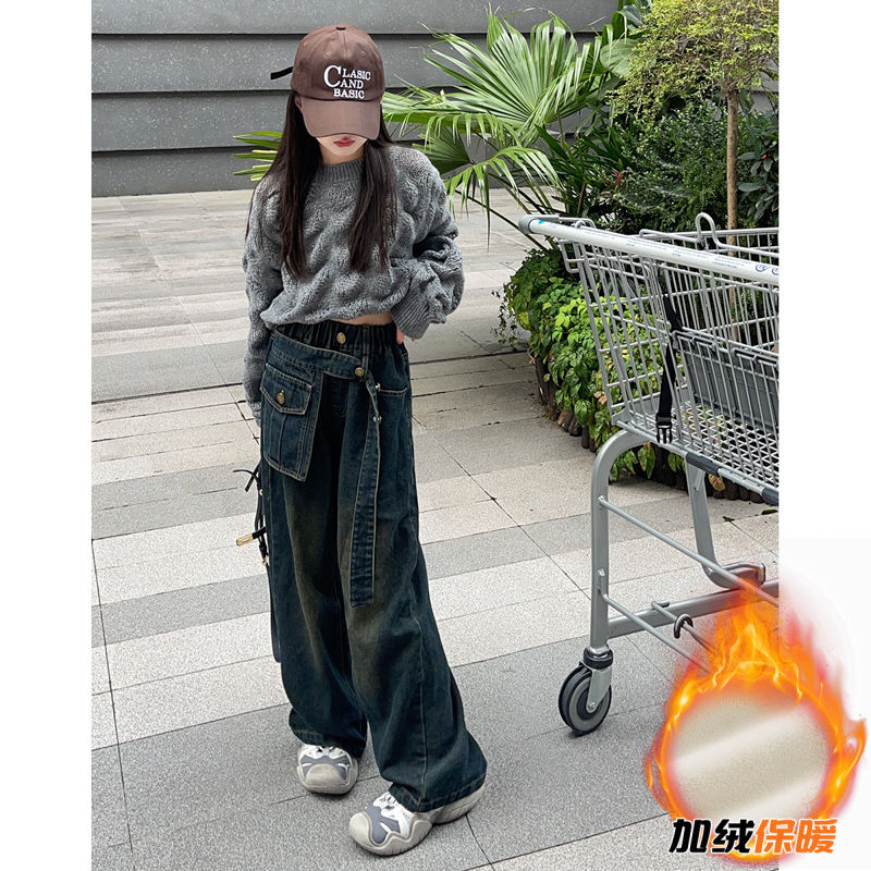 女童加絨牛仔褲秋冬時髦女大童加厚寬鬆闊腿褲兒童冬季一體絨褲子