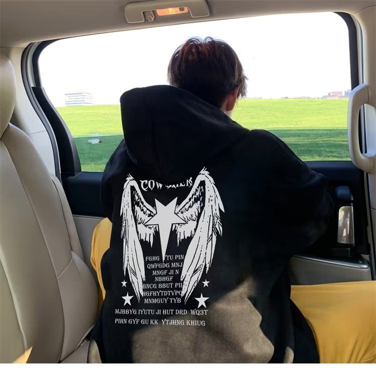 美式高街嘻哈星星翅膀印花連帽衛衣男潮牌寬鬆情侶裝外套女春秋季
