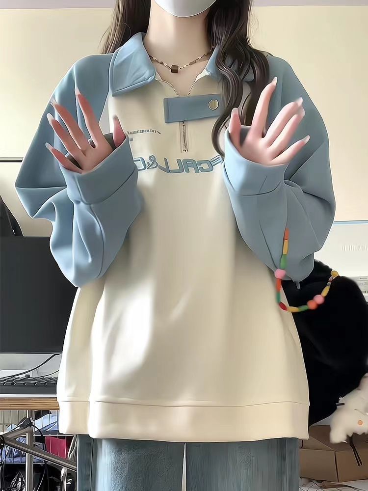 美式復古撞色插肩polo領衛衣女美拉德春秋學院風寬鬆長袖上衣ins