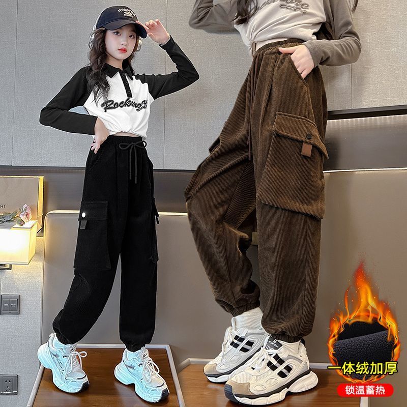 女童褲子秋冬加絨2023新款兒童休閒工裝褲一體絨加厚衛褲大童長褲