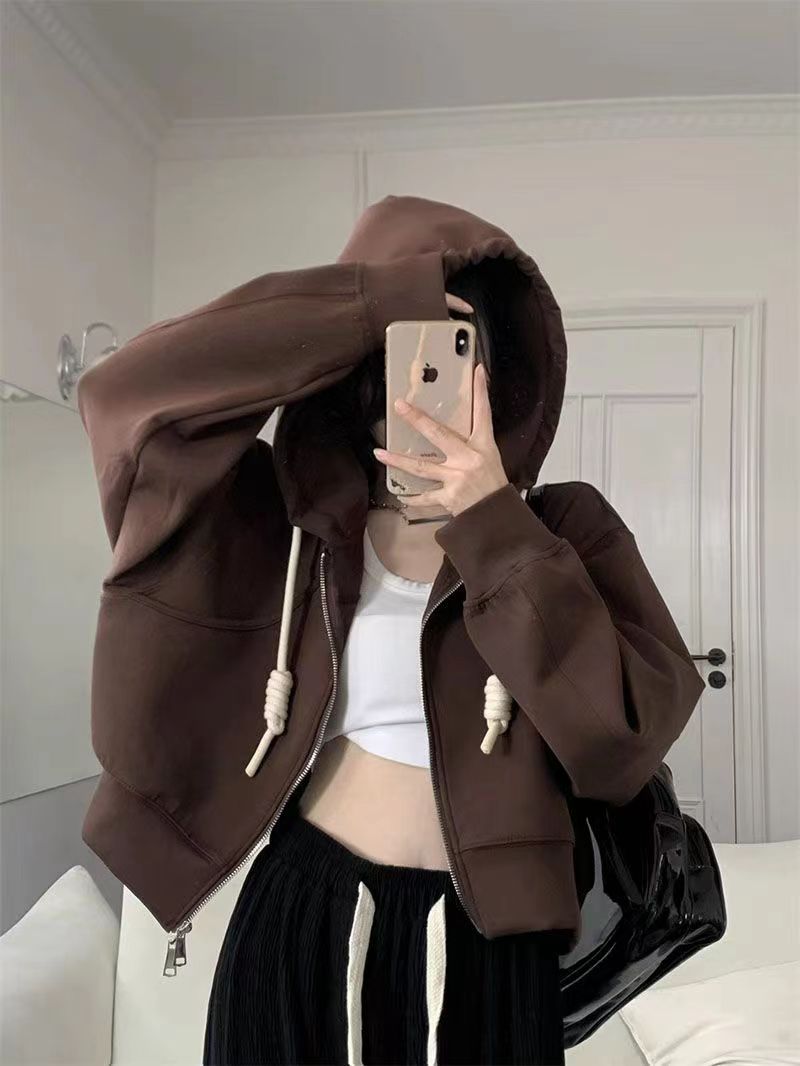 American Retro Hot Girl Solid Color Hooded Sweatshirt Women's Spring and Autumn Thin Hong Kong Style Korean Style Versatile Short Jacket Fashionable