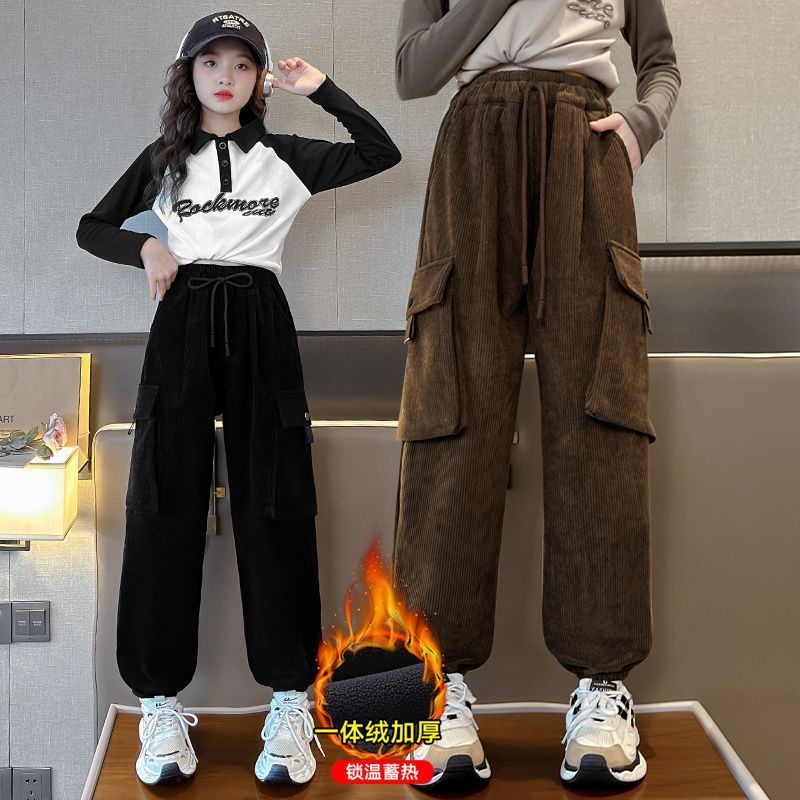 女童加絨褲子秋冬外穿洋氣一體絨休閒工裝褲加厚大童冬季兒童衛褲