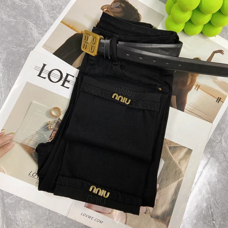 設計感字母刺繡直筒牛仔褲女2023年秋冬新款高腰顯瘦九分煙管褲潮