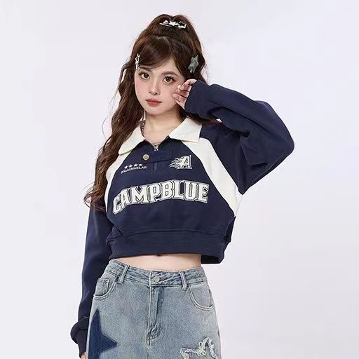 美式復古拼色Polo領短款秋冬季加絨加厚衛衣女新款韓版休閒上衣